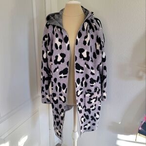 Open Front Grey Leopard Pocket Long Hooded Cardigan Size L Large